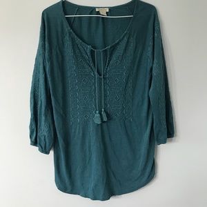 Lucky Brand Embroidered Peasant Top Teal